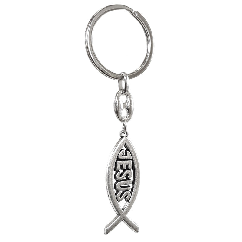 Avisa, Nyckelring i rostfritt stål - Ichthys skylt med inskriptionen JESUS ​​- Silver - 4,5x6,8cm