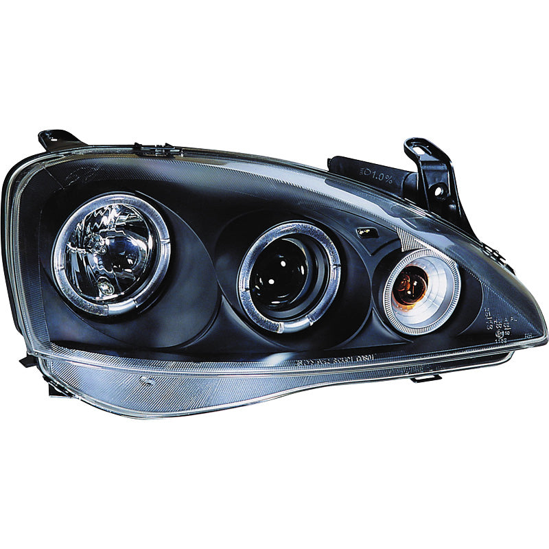 Framlampor, Passar för Opel Corsa C 3/5-dörrars 2000-2004 - svarta - inkl. Angel Eyes