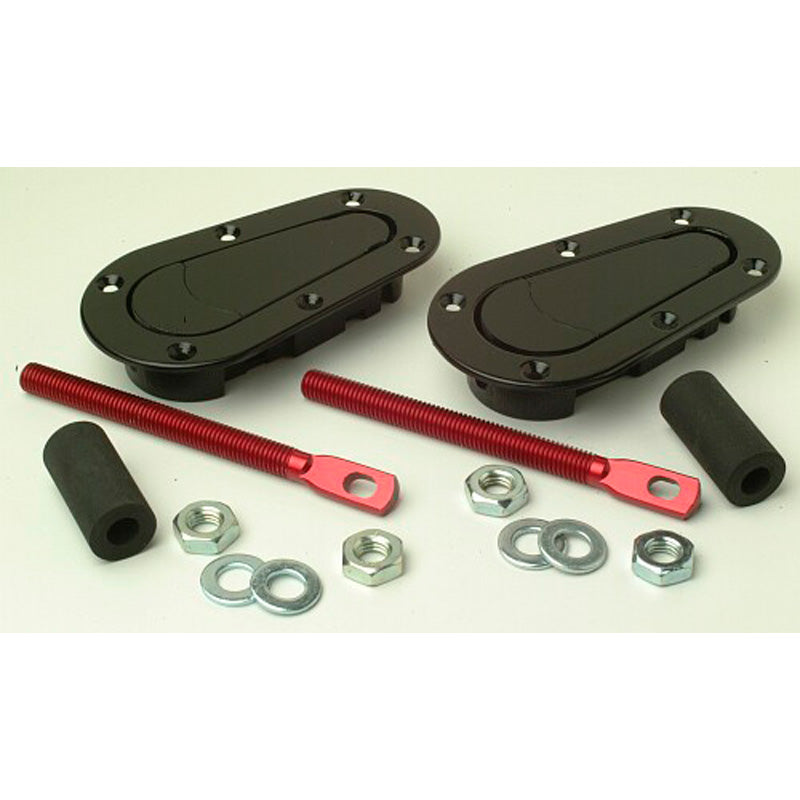 Grayston, Set universal Racing Plus Flush motorhuvskrokar/stift - svarta + röda aluminiumstift