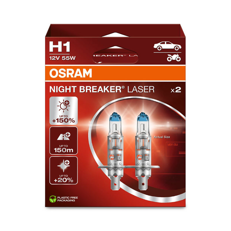 Osram, Night Breaker Laser Halogenlampor - H1 - 12V/55W - Set med 2 st.