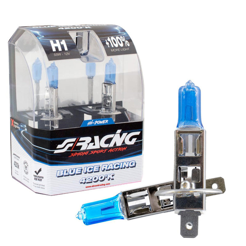 Simoni Racing, Halogenlampor 'Blue Ice Racing' H1 (4200K) 12V/55W - Set med 2 st. ECE-R37 E-märke