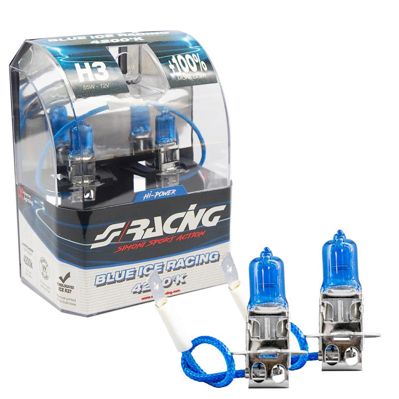 Simoni Racing, Halogenlampor 'Blue Ice Racing' H3 (4200K) 12V/55W - Set med 2 st. ECE-R37 E-märke