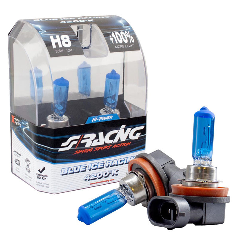 Simoni Racing, Halogenlampor 'Blue Ice Racing' H8 - 4200K - 12V/35W, set om 2 st. ECE-R37 E-märke