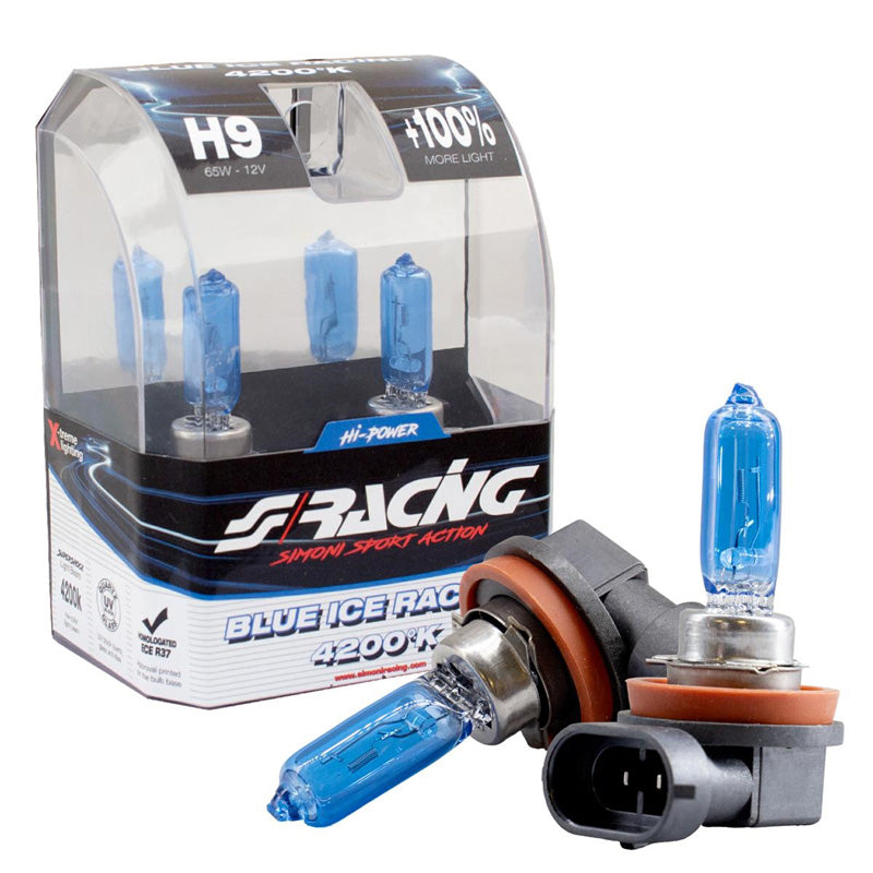 Simoni Racing, Halogenlampor 'Blue Ice Racing' H9 (4200K) 12V/65W - Set med 2 st. ECE-R37 E-märke