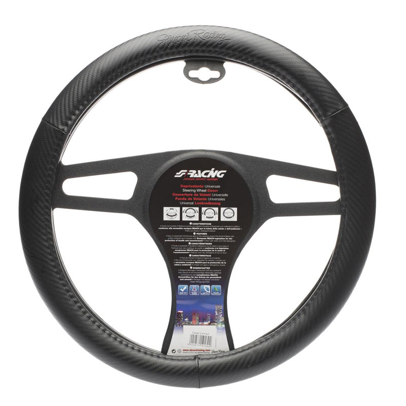 Simoni Racing, Läderrattöverdrag - Svart Ecoleather/Carbon look - 37-39cm