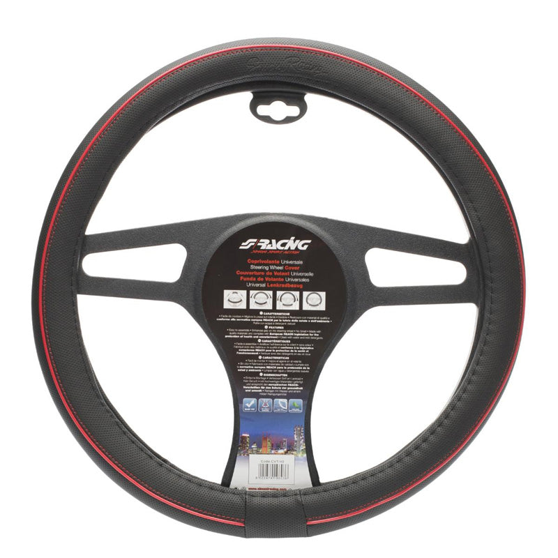 Simoni Racing, Comfort Steering Wheel Cover - Svart Ecoleather med röda sömmar - 37-39cm