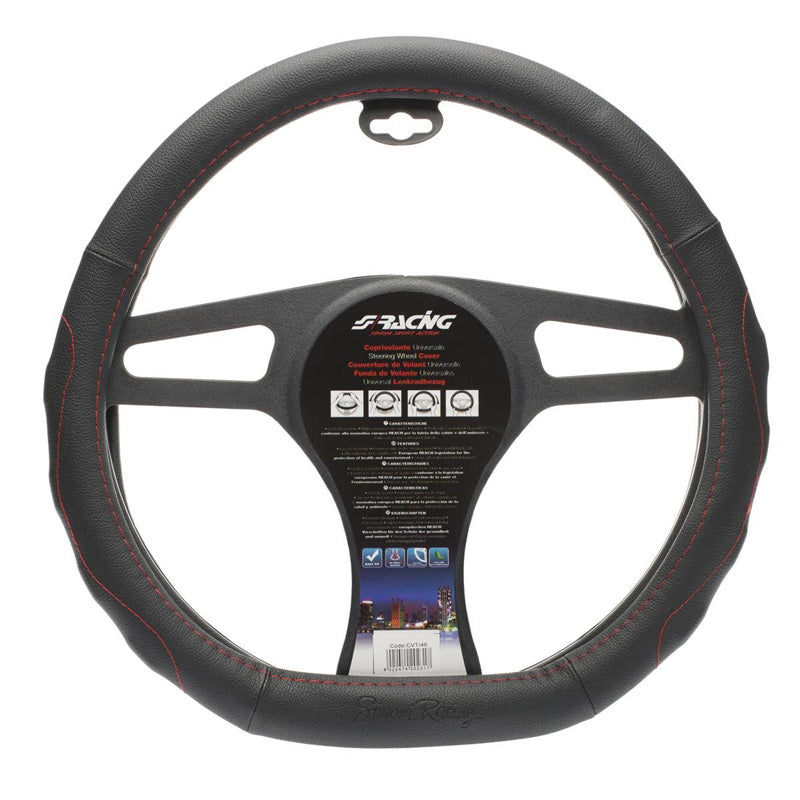 Simoni Racing, Comfort Steering Wheel Cover - Svart Ecoleather med röda sömmar - 37-39cm