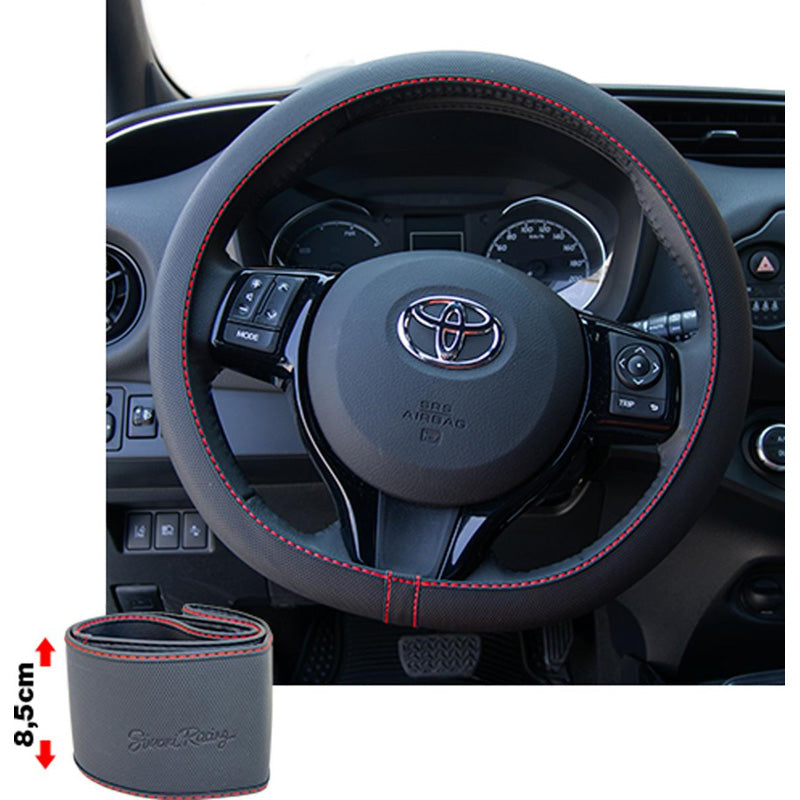 Simoni Racing, Comfort Steering Wheel Cover - Svart Ecoleather med röda sömmar - 37-39cm