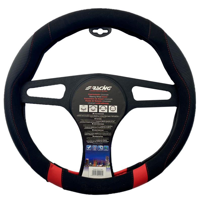 Simoni Racing, Comfort Steering Wheel Cover - Svart Ecoleather/Microfiber/Carbon Fiber Look med röda inlägg - 37-39cm