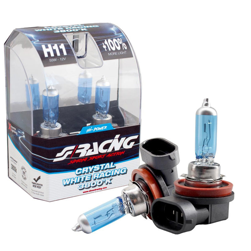 Simoni Racing, Halogenlampor 'Crystal White Racing' H11 (3800K) 12V/55W - Set med 2 st. ECE-R37 E-märke