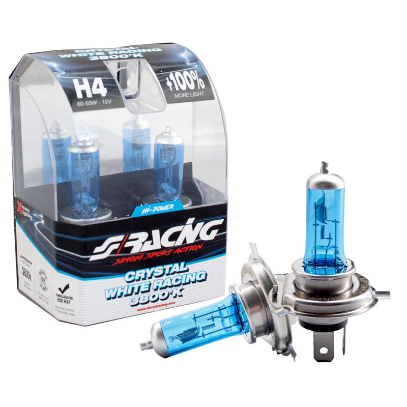 Simoni Racing, Halogenlampor 'Crystal White Racing' H4 3800K 12V/60-55W - Set med 2 st. ECE-R37 E-märke