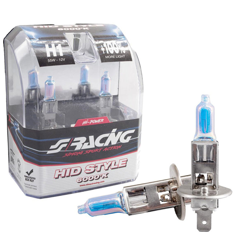 Simoni Racing, Halogenlampor 'HID Style' H1 (6000K) Hyperwhite 12V/55W - Set med 2 st. ECE-R37 E-märke